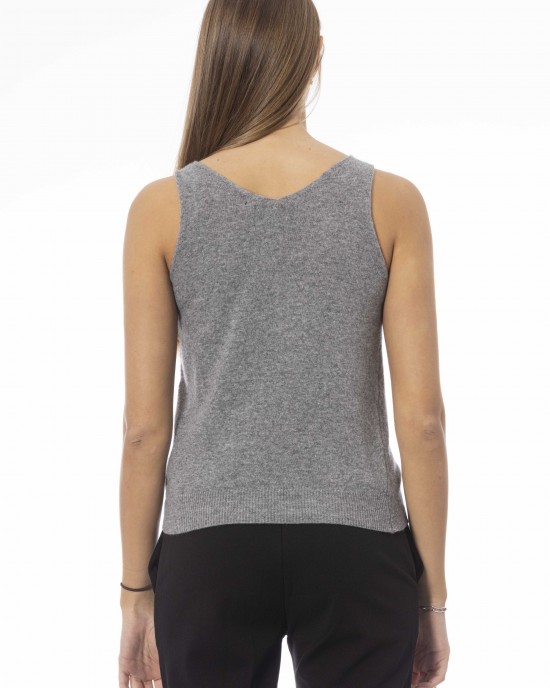 V-neck Tank Top. Neck And Bottom In Fine Ribbed Knit. Monogram Baldinini Trend In Metal.