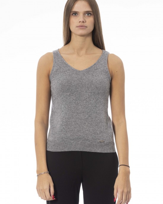 V-neck Tank Top. Neck And Bottom In Fine Ribbed Knit. Monogram Baldinini Trend In Metal.