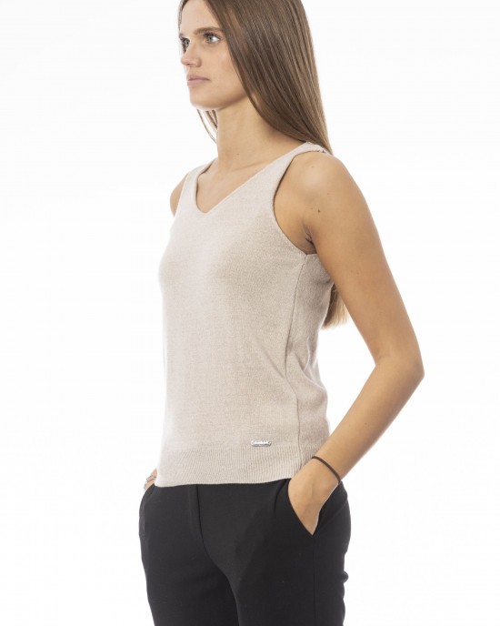 V-neck Tank Top. Neck And Bottom In Fine Ribbed Knit. Monogram Baldinini Trend In Metal.