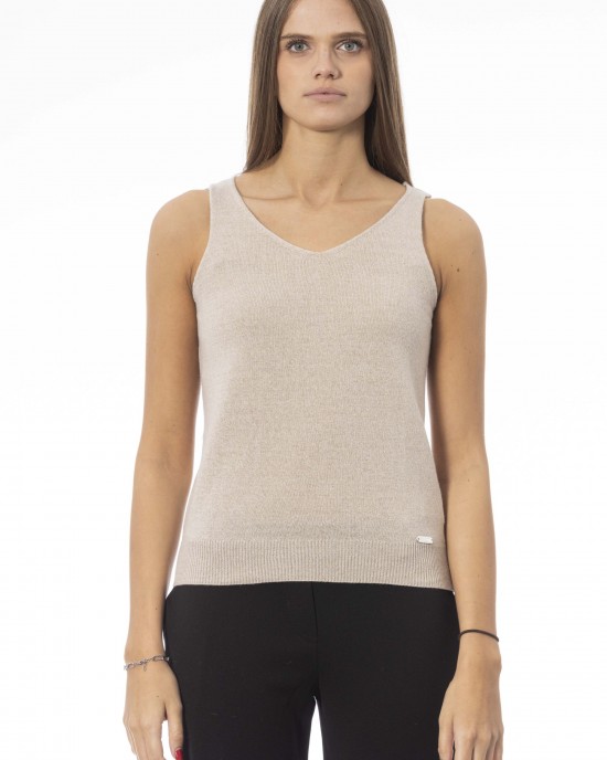 V-neck Tank Top. Neck And Bottom In Fine Ribbed Knit. Monogram Baldinini Trend In Metal.