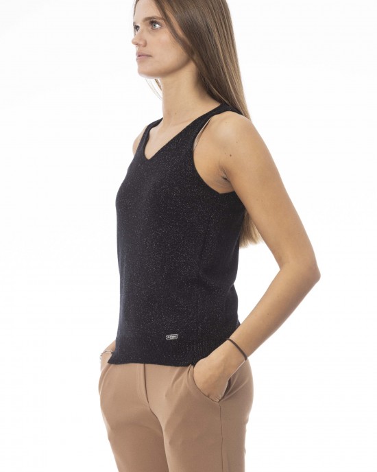 V-neck Tank Top. Neck And Bottom In Fine Ribbed Knit. Monogram Baldinini Trend In Metal.