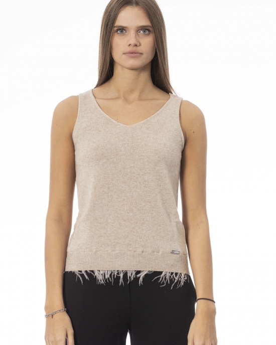 V-neck Tank Top With Feathers. Neck And Bottom Of Fine Ribbed Knit. Monogram Baldinini Trend In Metal.