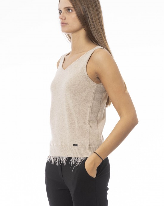 V-neck Tank Top With Feathers. Neck And Bottom Of Fine Ribbed Knit. Monogram Baldinini Trend In Metal.