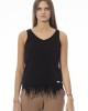 V-neck Tank Top With Feathers. Neck And Bottom Of Fine Ribbed Knit. Monogram Baldinini Trend In Metal.