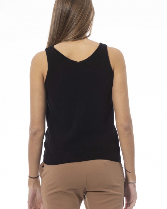 V-neck Tank Top With Feathers. Neck And Bottom Of Fine Ribbed Knit. Monogram Baldinini Trend In Metal.