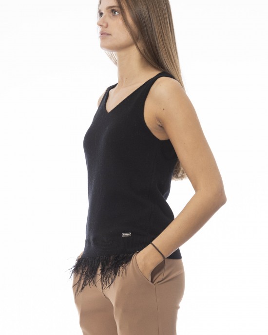 V-neck Tank Top With Feathers. Neck And Bottom Of Fine Ribbed Knit. Monogram Baldinini Trend In Metal.