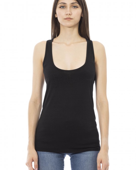 Long Tank Top. Round Neck. Front Logo In Rhinestone. Back Logo.