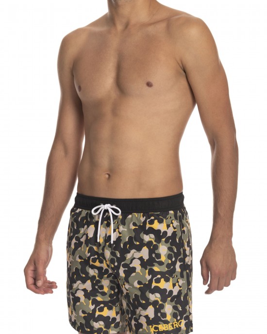 Beach Shorts With Print. Side Pockets. Rear Welt Pockets. Elasticized Waistband With Drawstring.