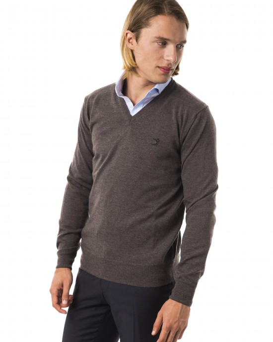 Embroidered V-neck Sweater In Extrafine Wool Merinos Fabric