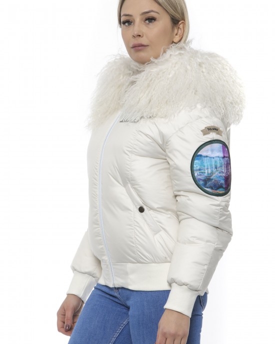 Woman Bomber. Zip Closure. Embroidered Patches. Hood With Removable Fur. Two Front Pockets.