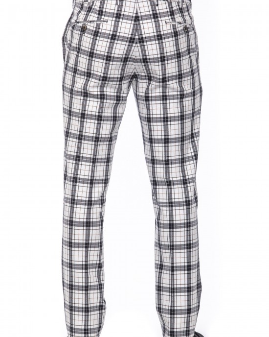 Men's Trousers. Checked Fabric. Overlapping Closure With Button And Zip. Side Pockets. Rear Welt Pockets.