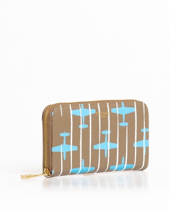 Airplane-themed Striped All-over Print Leather Wallet With Zip Closure. Internal Compartments And Zip Pocket. Size: Depth 3 Cm. Width 19 Cm. Height 11 Cm