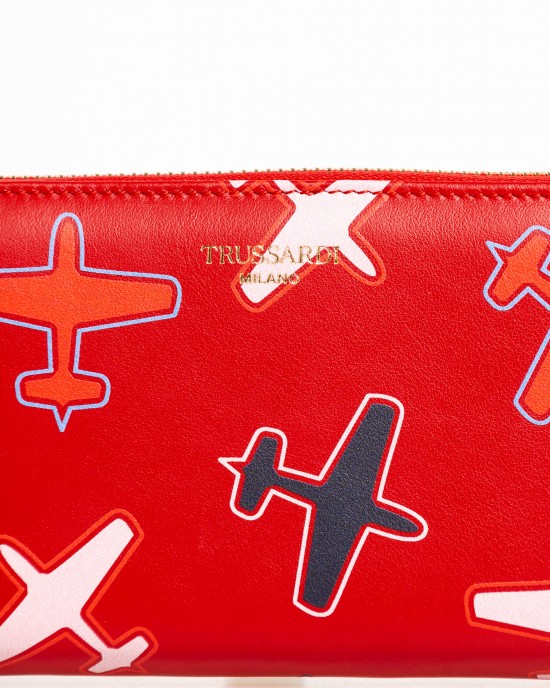 Airplane Themed All-over Print Leather Wallet With Zip Closure. Internal Compartments And Zip Pocket. Dimensions: 20 X 11 X 3