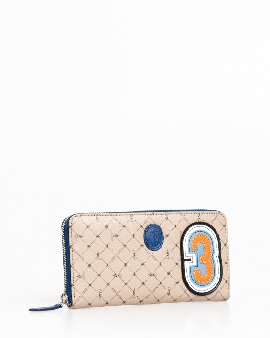 Zip Wallet In Crepe Leather. Front Numeric Patch And Contrasting Profiles. All-over 70s Print. Trussardi Logo Applied On The Front. Dimensions: 20 X 10 X 2