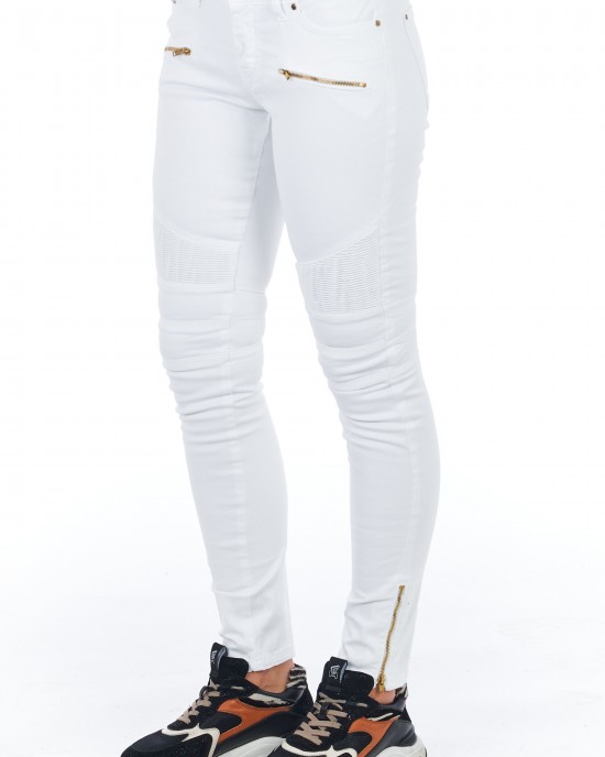 Biker Stretch Denim Jeans With Worn Wash. Low Waist And Multipockets. Front Closure With Zip And Button.