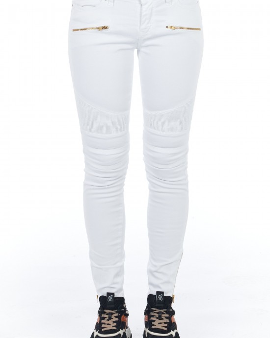 Biker Stretch Denim Jeans With Worn Wash. Low Waist And Multipockets. Front Closure With Zip And Button.