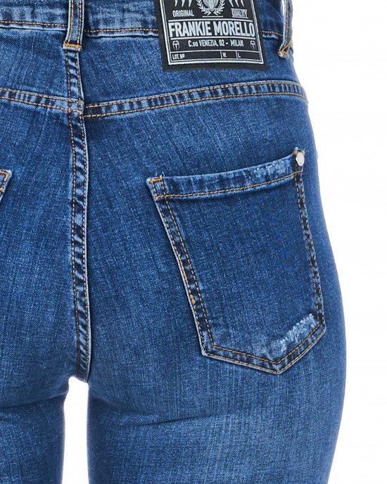 Denim Jeans With Worn Wash. Multi-pockets. Front Closure With Zip And Button.