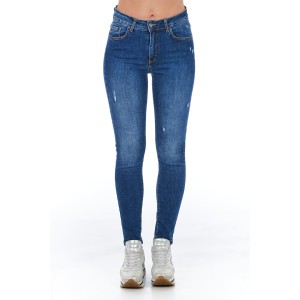 Denim Jeans With Worn Wash. Multi-pockets. Front Closure With Zip And Button.