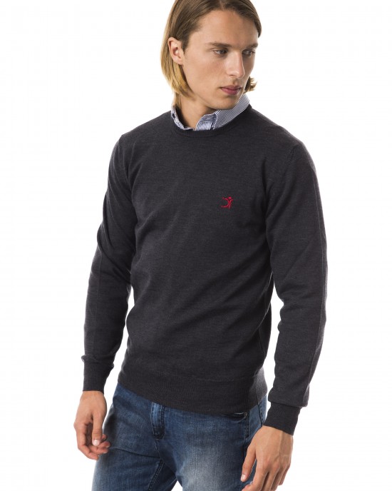 Embroidered Crew Neck Sweater In Extrafine Wool Merinos Fabric