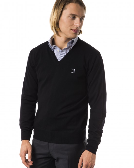 Embroidered V-neck Sweater In Extrafine Wool Merinos Fabric