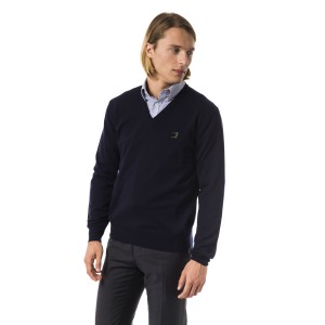 Embroidered V-neck Sweater In Extrafine Wool Merinos Fabric