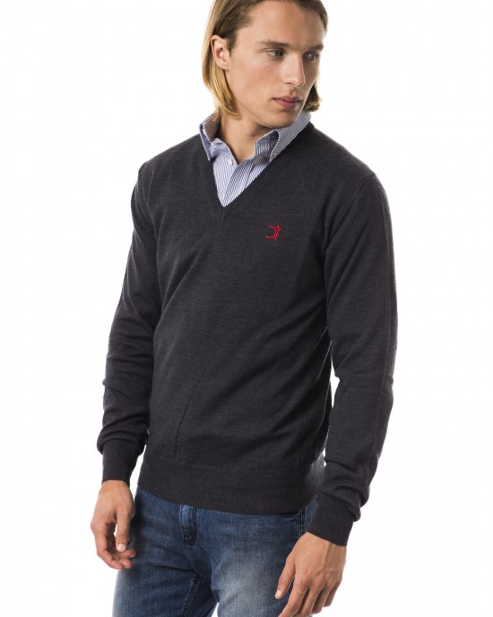 Embroidered V-neck Sweater In Extrafine Wool Merinos Fabric