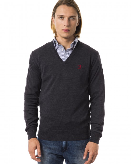 Embroidered V-neck Sweater In Extrafine Wool Merinos Fabric