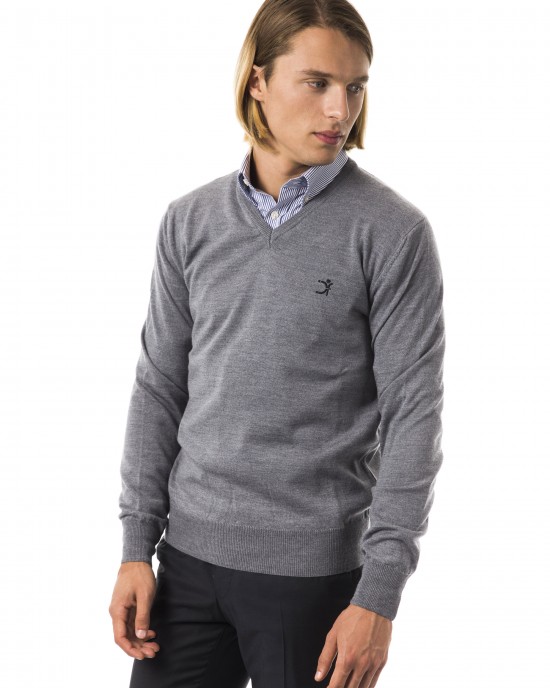 Embroidered V-neck Sweater In Extrafine Wool Merinos Fabric