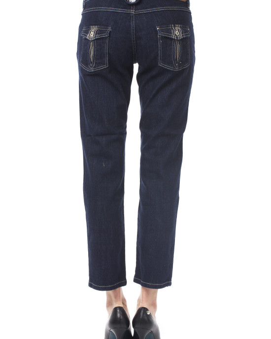 Capri Jeans. Applications With Button On Back. Pockets On Back With Button Closure